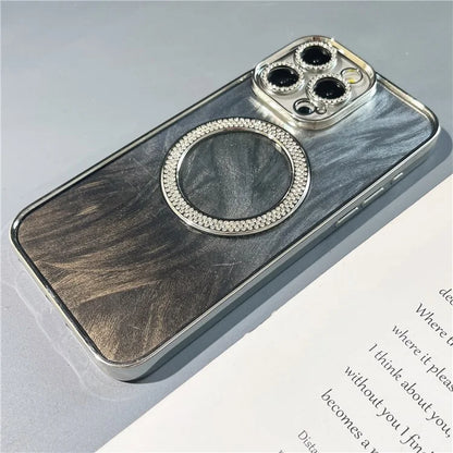 For iPhone 14 Pro Magnetic Case Feather Texture Bling Sparkly TPU + PC Phone Cover