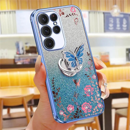 For Samsung Galaxy S24 Ultra Case Butterfly Kickstand TPU Glitter Phone Cover Flower Pattern