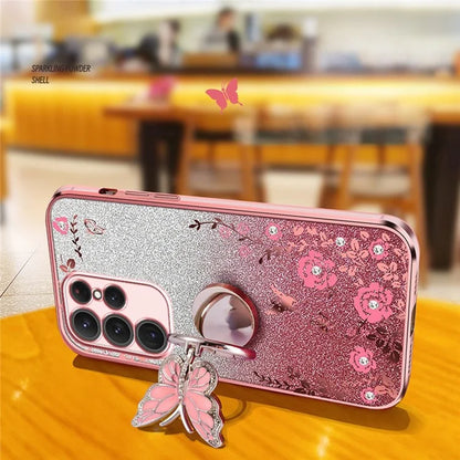 For Samsung Galaxy S24 Ultra Case Butterfly Kickstand TPU Glitter Phone Cover Flower Pattern