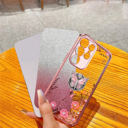 For Samsung Galaxy S24 Ultra Case Butterfly Kickstand TPU Glitter Phone Cover Flower Pattern