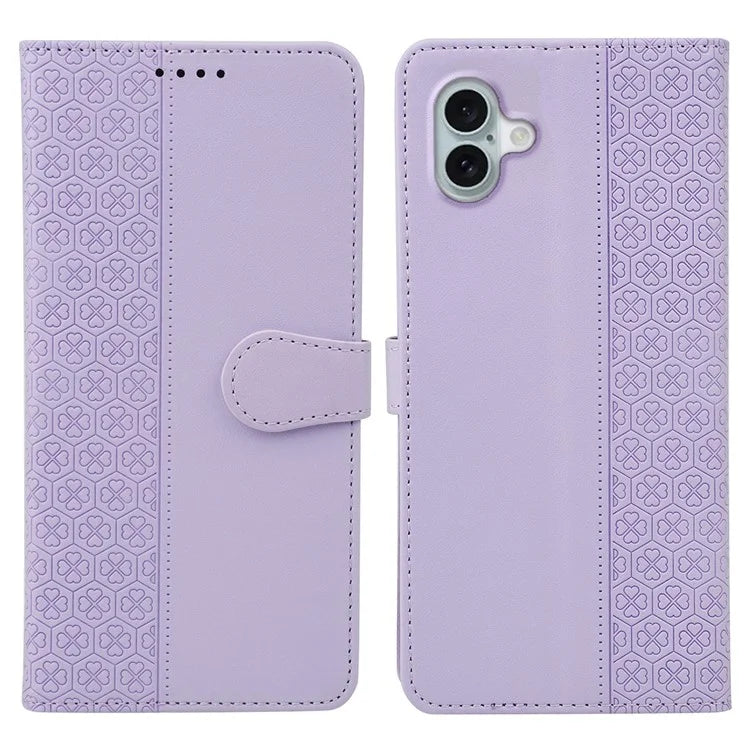 For iPhone 16 Plus Case Magnetic Clasp Four-Leaf Clover Leather Phone Cover