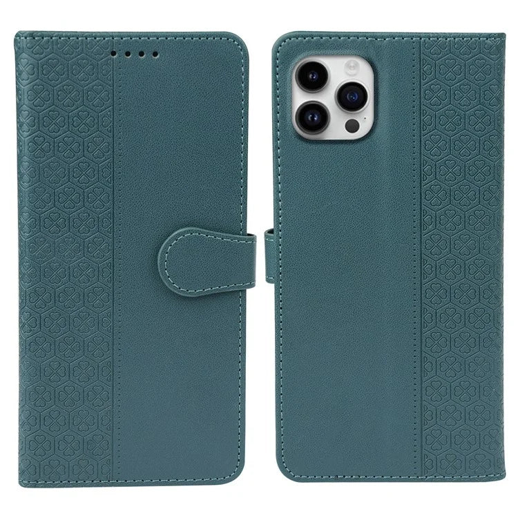For iPhone 16 Pro Case Magnetic Clasp Four-Leaf Clover Leather Phone Cover