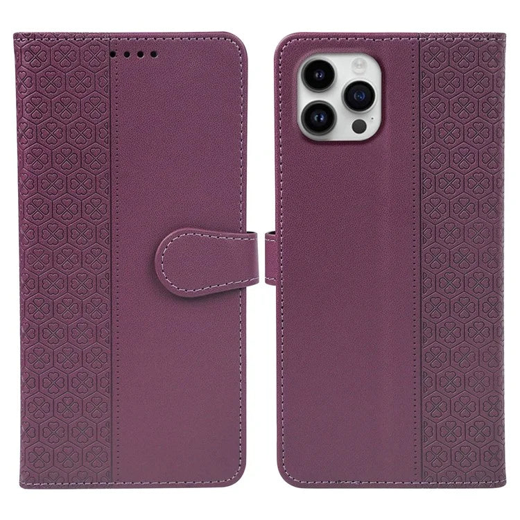 For iPhone 16 Pro Case Magnetic Clasp Four-Leaf Clover Leather Phone Cover