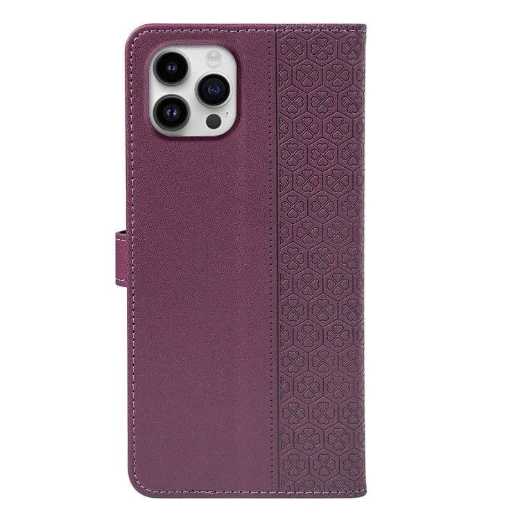 For iPhone 16 Pro Case Magnetic Clasp Four-Leaf Clover Leather Phone Cover