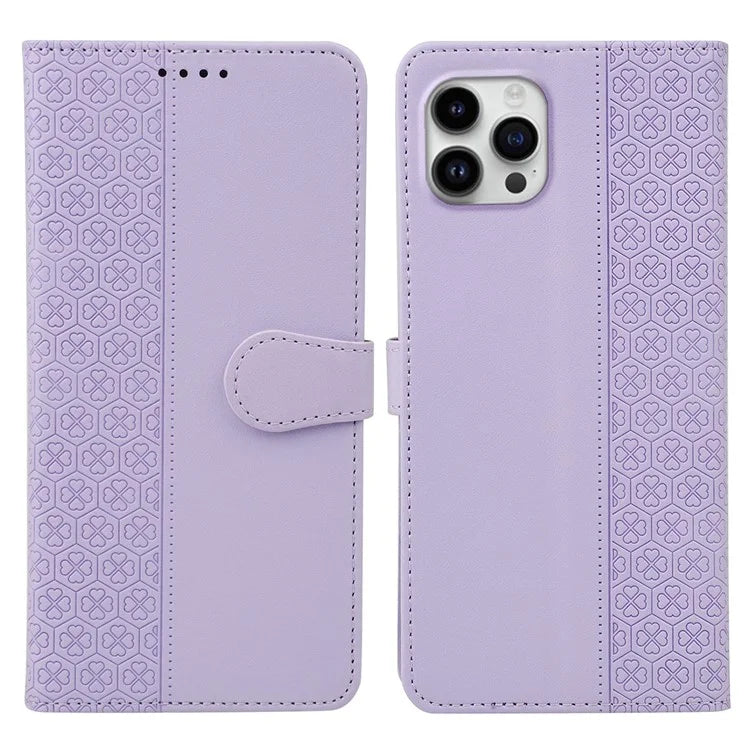 For iPhone 16 Pro Case Magnetic Clasp Four-Leaf Clover Leather Phone Cover