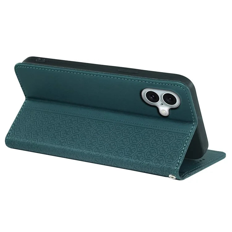 For iPhone 16 Case Four-Leaf Clover Leather Flip Phone Cover Stand Wallet
