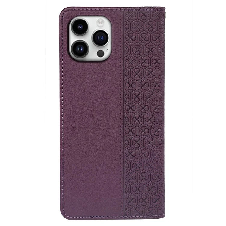 For iPhone 16 Pro Case Four-Leaf Clover Leather Flip Phone Cover Stand Wallet