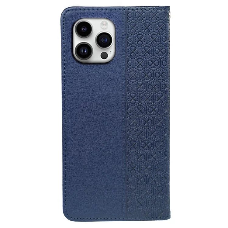 For iPhone 16 Pro Case Four-Leaf Clover Leather Flip Phone Cover Stand Wallet