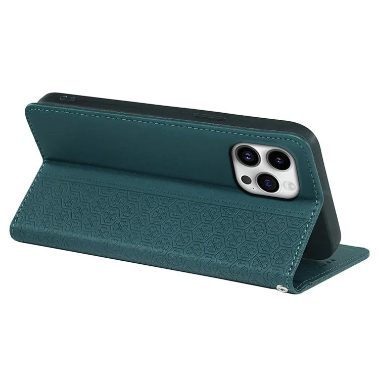 For iPhone 16 Pro Case Four-Leaf Clover Leather Flip Phone Cover Stand Wallet