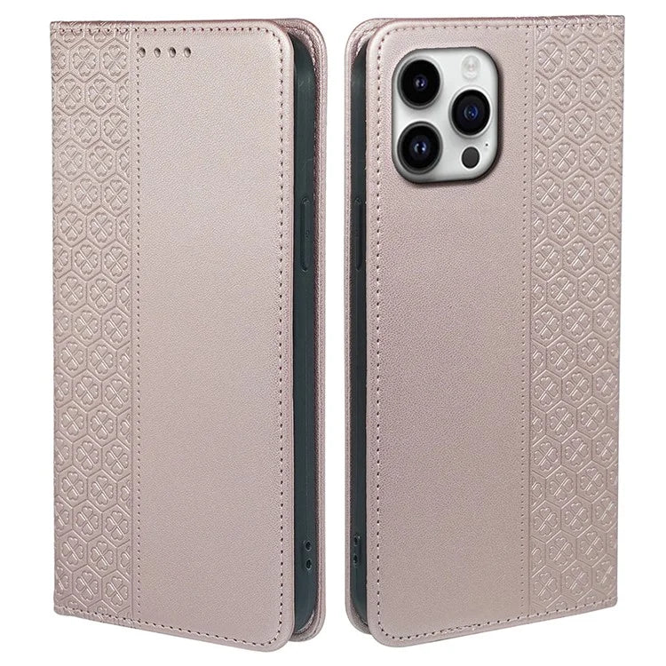 For iPhone 16 Pro Case Four-Leaf Clover Leather Flip Phone Cover Stand Wallet