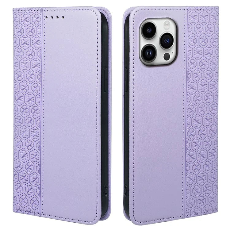 For iPhone 16 Pro Case Four-Leaf Clover Leather Flip Phone Cover Stand Wallet