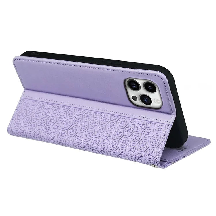 For iPhone 16 Pro Case Four-Leaf Clover Leather Flip Phone Cover Stand Wallet