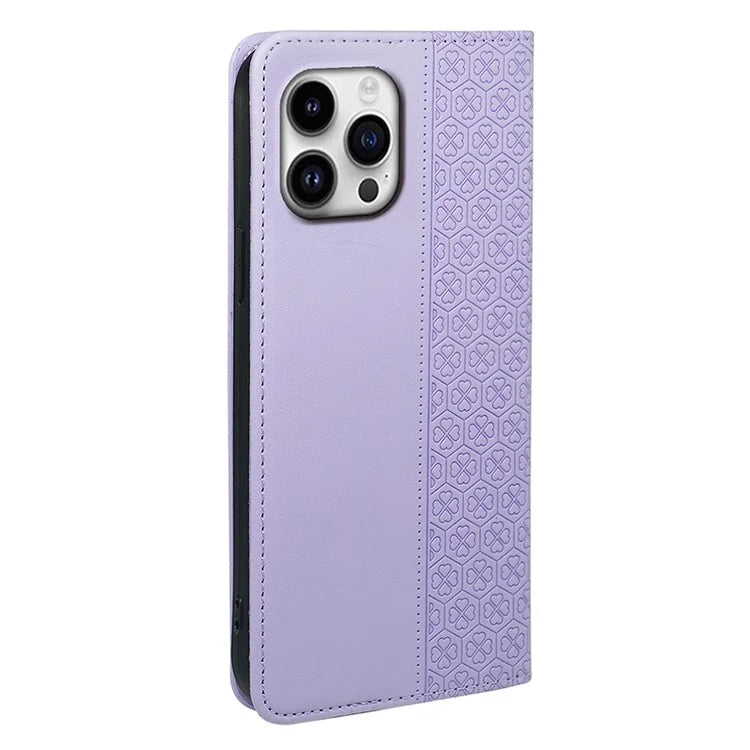 For iPhone 16 Pro Case Four-Leaf Clover Leather Flip Phone Cover Stand Wallet