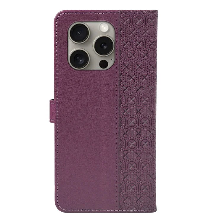 For iPhone 15 Pro Case Magnetic Clasp Four-Leaf Clover Leather Phone Cover