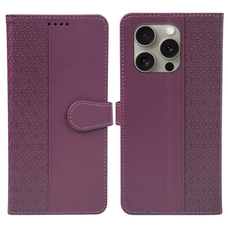 For iPhone 14 Pro Case Magnetic Clasp Four-Leaf Clover Leather Phone Cover