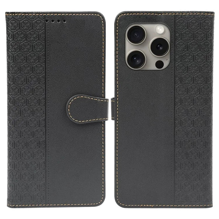 For iPhone 15 Pro Max Case Magnetic Clasp Four-Leaf Clover Leather Phone Cover