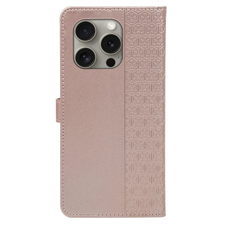 For iPhone 15 Pro Max Case Magnetic Clasp Four-Leaf Clover Leather Phone Cover