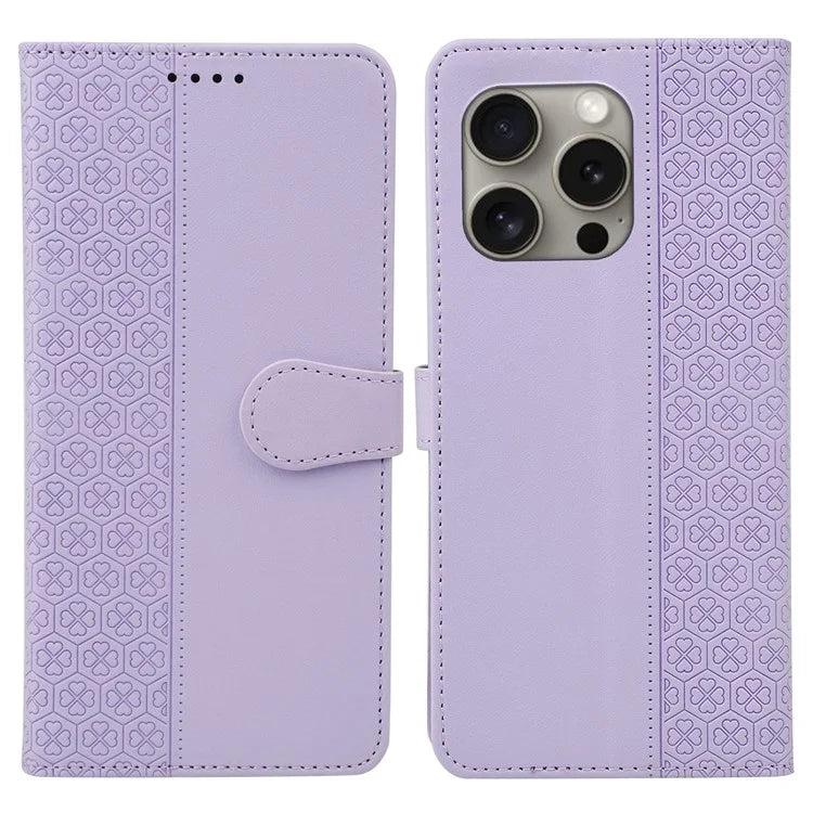 For iPhone 15 Pro Max Case Magnetic Clasp Four-Leaf Clover Leather Phone Cover