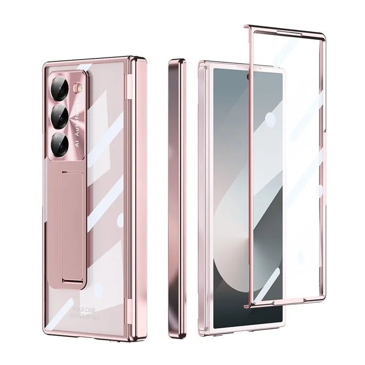 For Samsung Galaxy Z Fold6 5G Case Kickstand Hinge Electroplating PC Cover with Screen Film