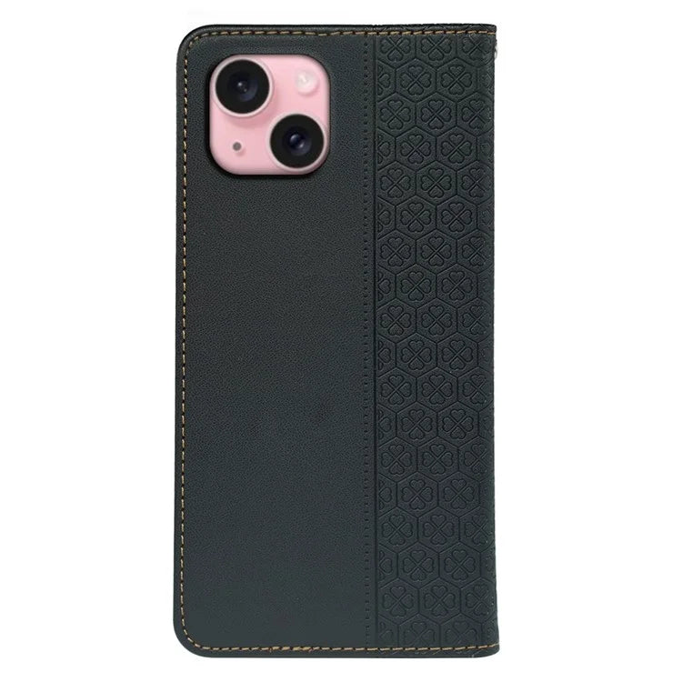 For iPhone 15 Case Four-Leaf Clover Leather Flip Phone Cover Stand Wallet