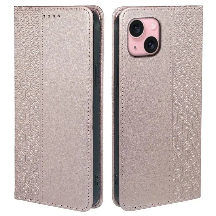 For iPhone 15 Case Four-Leaf Clover Leather Flip Phone Cover Stand Wallet