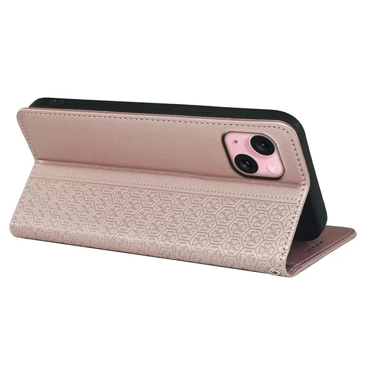 For iPhone 15 Case Four-Leaf Clover Leather Flip Phone Cover Stand Wallet