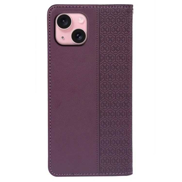 For iPhone 14 Case Four-Leaf Clover Leather Flip Phone Cover Stand Wallet