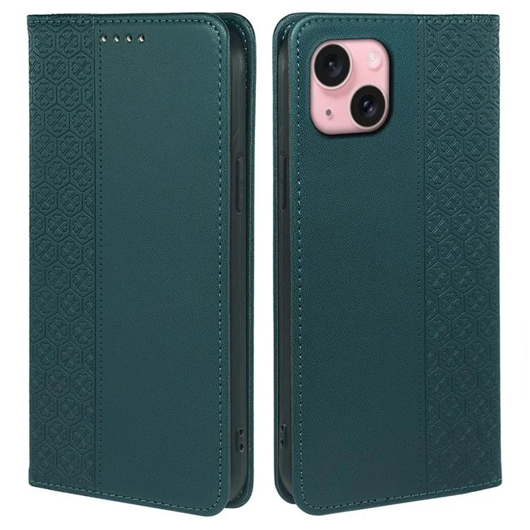 For iPhone 14 Case Four-Leaf Clover Leather Flip Phone Cover Stand Wallet