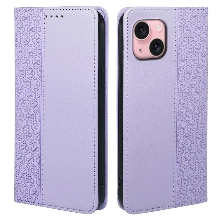 For iPhone 14 Case Four-Leaf Clover Leather Flip Phone Cover Stand Wallet