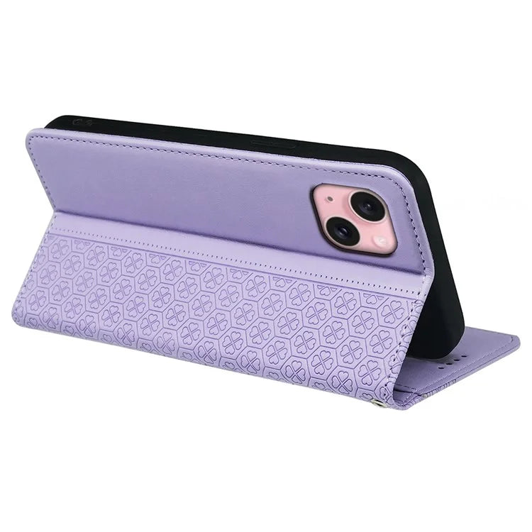 For iPhone 14 Case Four-Leaf Clover Leather Flip Phone Cover Stand Wallet
