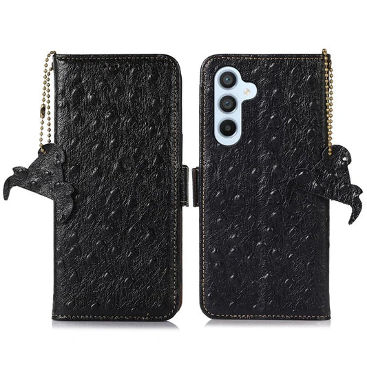For Samsung Galaxy M35 5G Case Genuine Cow Phone Cover Ostrich Texture RFID Blocking Card Holder