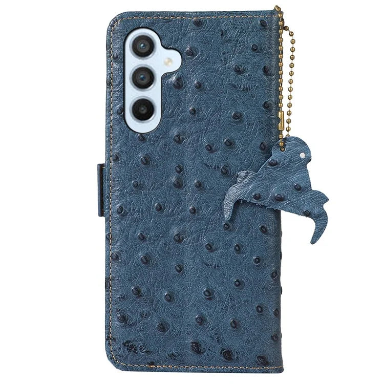 For Samsung Galaxy M35 5G Case Genuine Cow Phone Cover Ostrich Texture RFID Blocking Card Holder