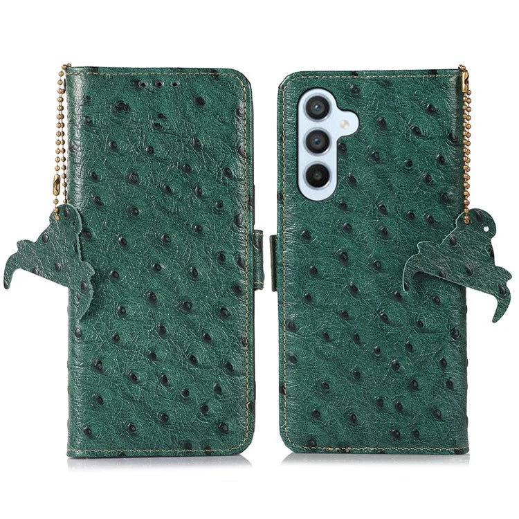 For Samsung Galaxy M35 5G Case Genuine Cow Phone Cover Ostrich Texture RFID Blocking Card Holder