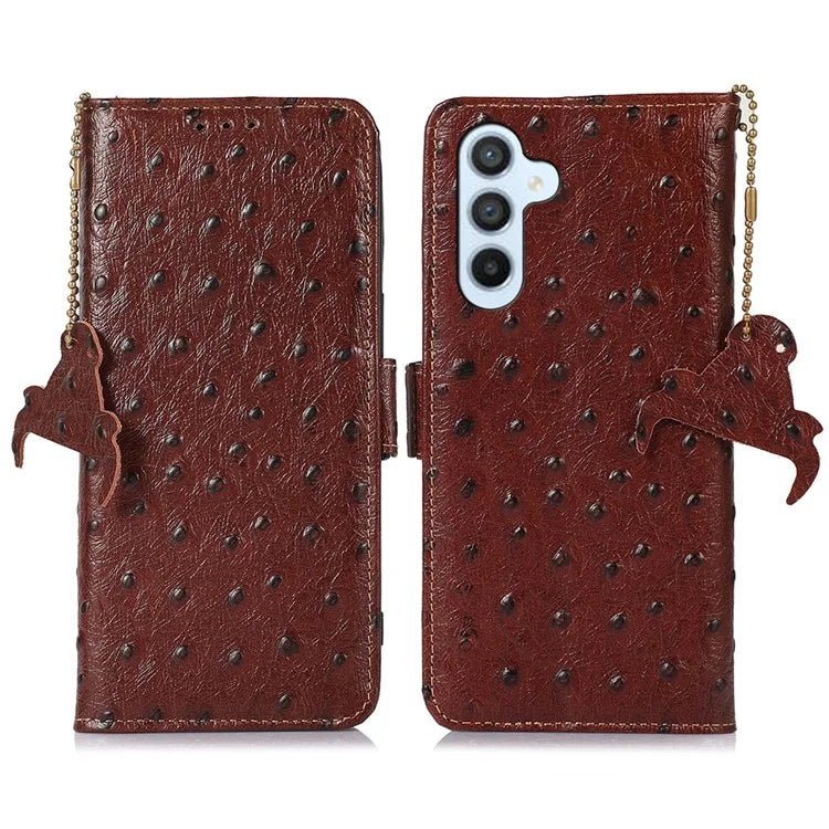 For Samsung Galaxy M35 5G Case Genuine Cow Phone Cover Ostrich Texture RFID Blocking Card Holder