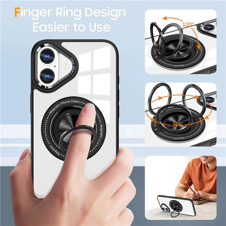 For iPhone 16 Case Magnetic Ring Holder Kickstand PC+TPU Phone Cover