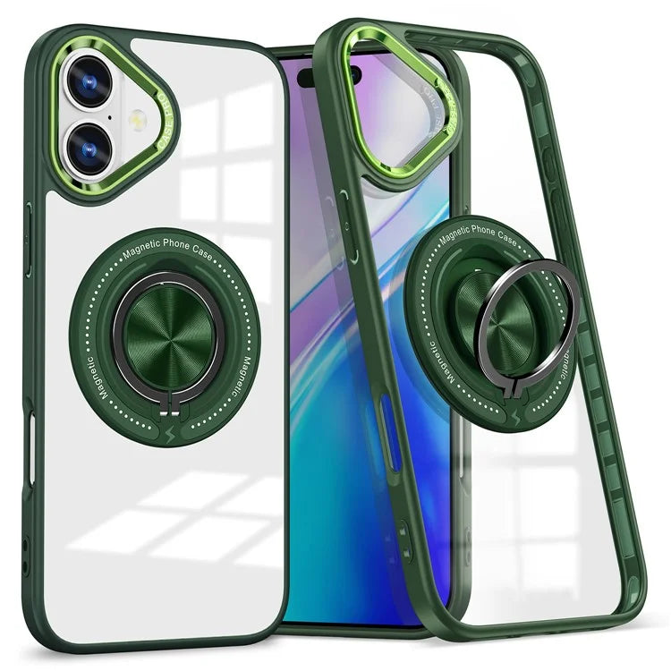 For iPhone 16 Case Magnetic Ring Holder Kickstand PC+TPU Phone Cover