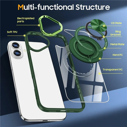For iPhone 16 Case Magnetic Ring Holder Kickstand PC+TPU Phone Cover