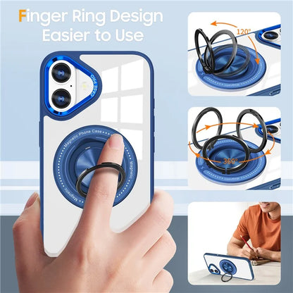 For iPhone 16 Case Magnetic Ring Holder Kickstand PC+TPU Phone Cover