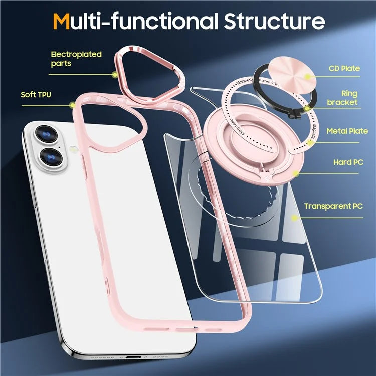 For iPhone 16 Plus Case Magnetic Ring Holder Kickstand PC+TPU Phone Cover