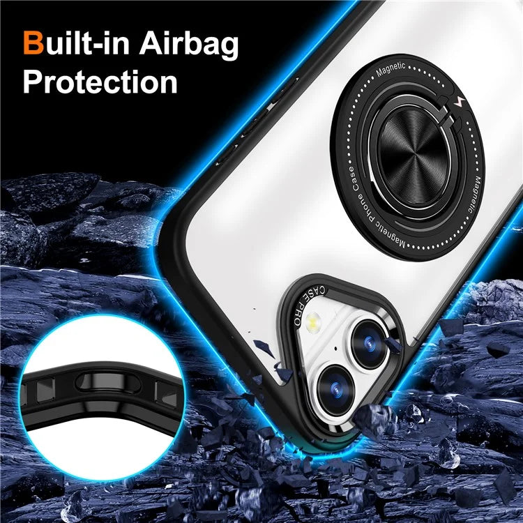 For iPhone 16 Plus Case Magnetic Ring Holder Kickstand PC+TPU Phone Cover