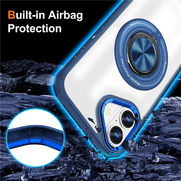 For iPhone 16 Plus Case Magnetic Ring Holder Kickstand PC+TPU Phone Cover