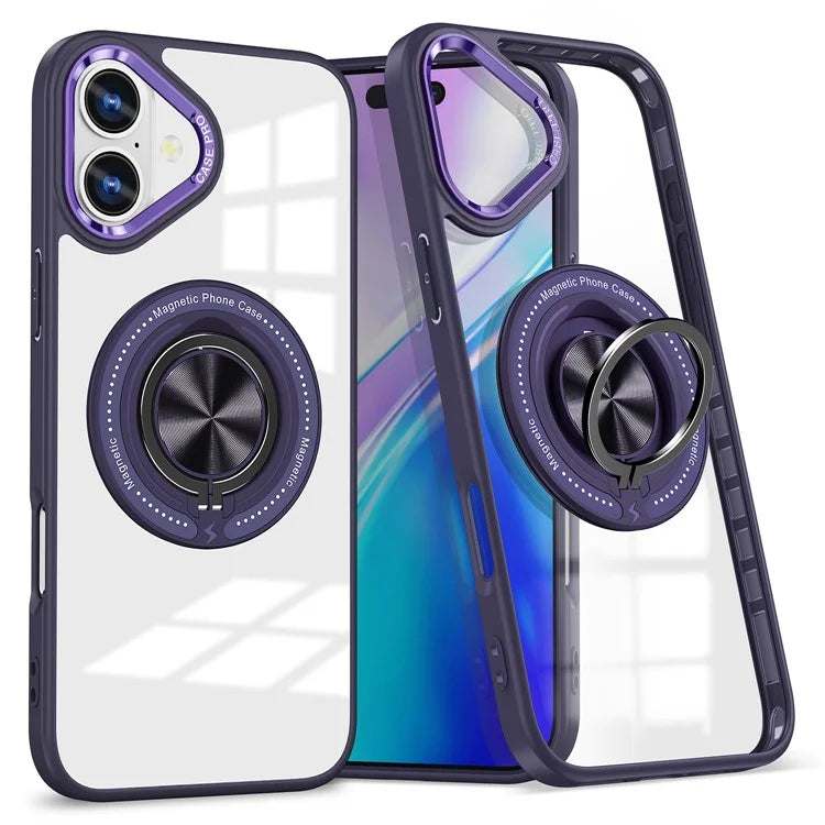 For iPhone 16 Plus Case Magnetic Ring Holder Kickstand PC+TPU Phone Cover