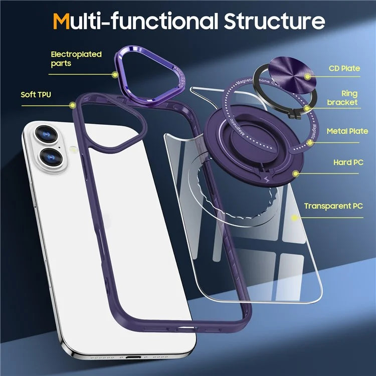 For iPhone 16 Plus Case Magnetic Ring Holder Kickstand PC+TPU Phone Cover