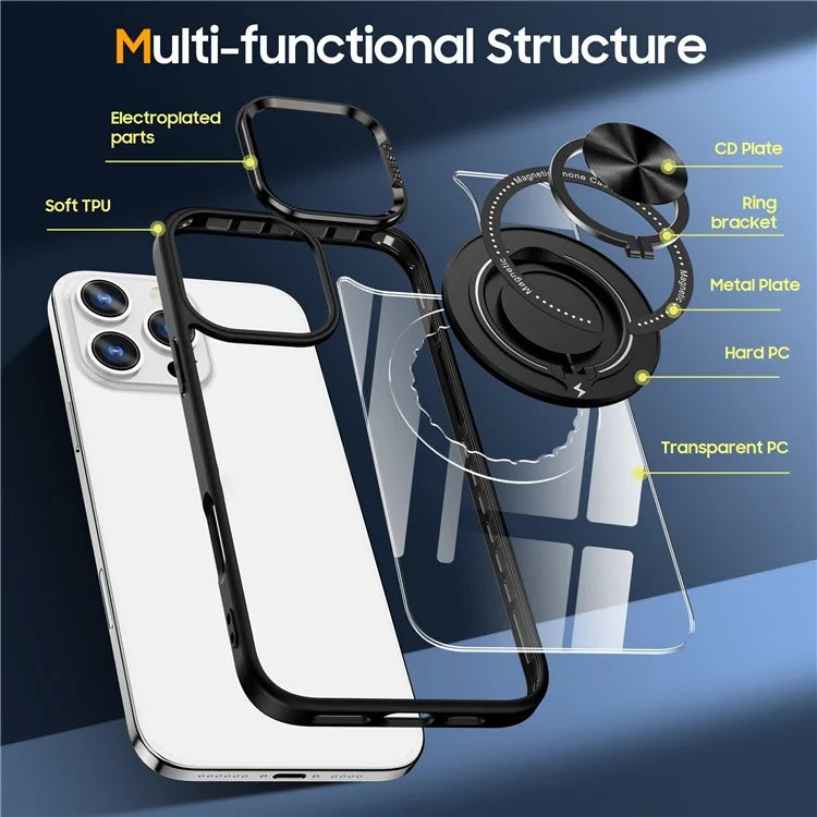 For iPhone 16 Pro Case Magnetic Ring Holder Kickstand PC+TPU Phone Cover
