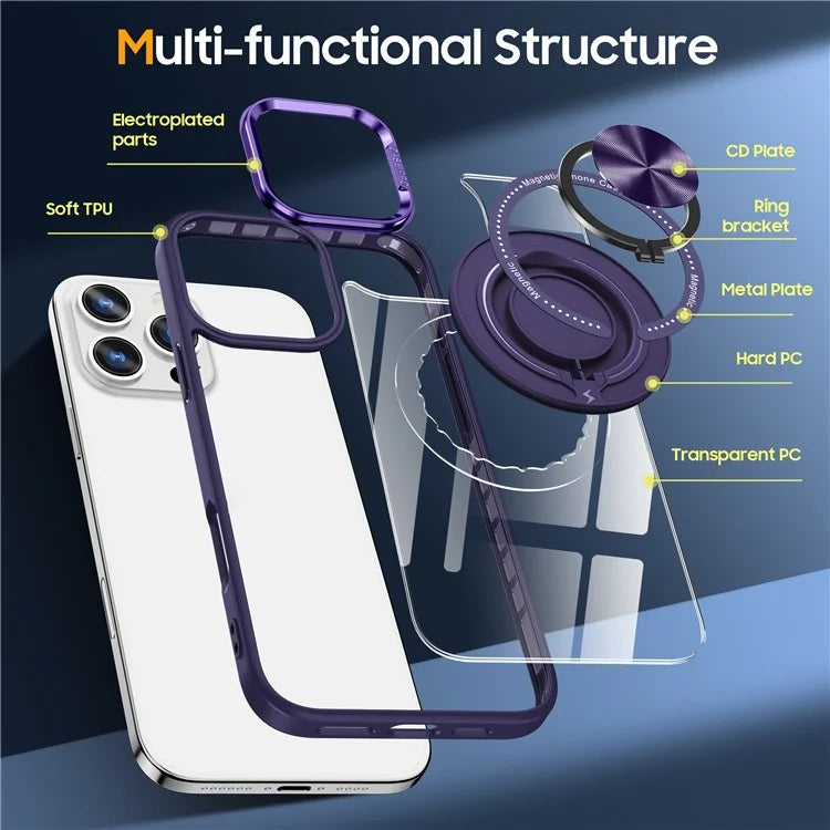 For iPhone 16 Pro Case Magnetic Ring Holder Kickstand PC+TPU Phone Cover