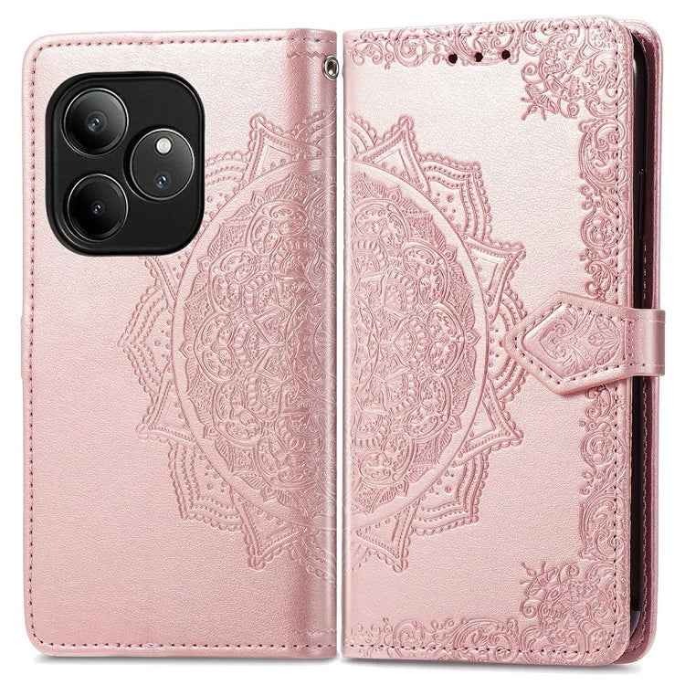 For Realme GT 6 5G Case Card Holder Cash Slots Leather Phone Cover Embossed Mandala Pattern