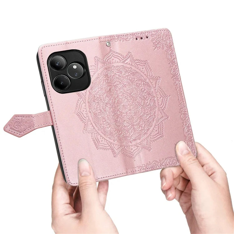For Realme GT 6 5G Case Card Holder Cash Slots Leather Phone Cover Embossed Mandala Pattern