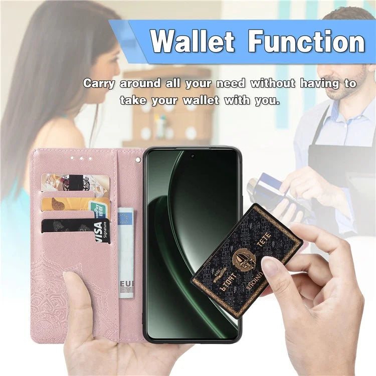 For Realme GT 6 5G Case Card Holder Cash Slots Leather Phone Cover Embossed Mandala Pattern