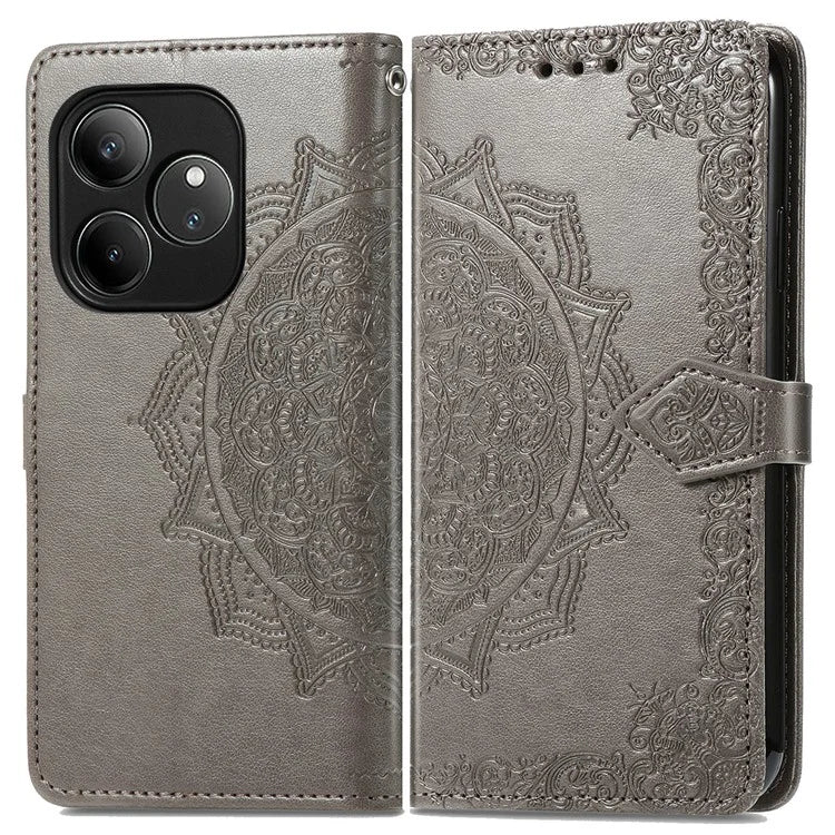 For Realme GT 6 5G Case Card Holder Cash Slots Leather Phone Cover Embossed Mandala Pattern