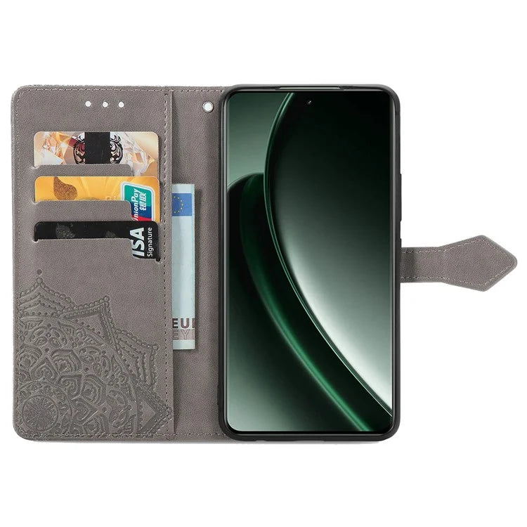 For Realme GT 6 5G Case Card Holder Cash Slots Leather Phone Cover Embossed Mandala Pattern